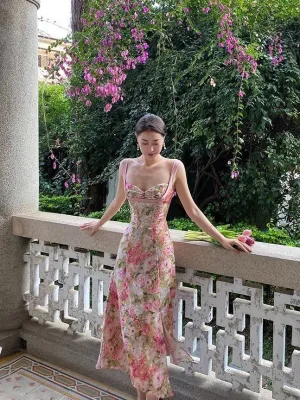 JazzHer Vintage A Line Straps Floral Chiffon Slit Evening Dress Prom Dresses Birthday Outfits BD  (PRE-ORDER)