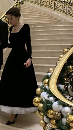 JazzHer Vintage Ball Gown Square Neckline Black Velvet Knee Length Prom Dresses Long Sleeves Evening Dress (PRE-ORDER)