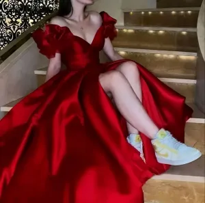 JazzHer Vintage Ball Gown V Neckline Satin Slit Prom Dresses Evening Gowns With Fold (PRE-ORDER)