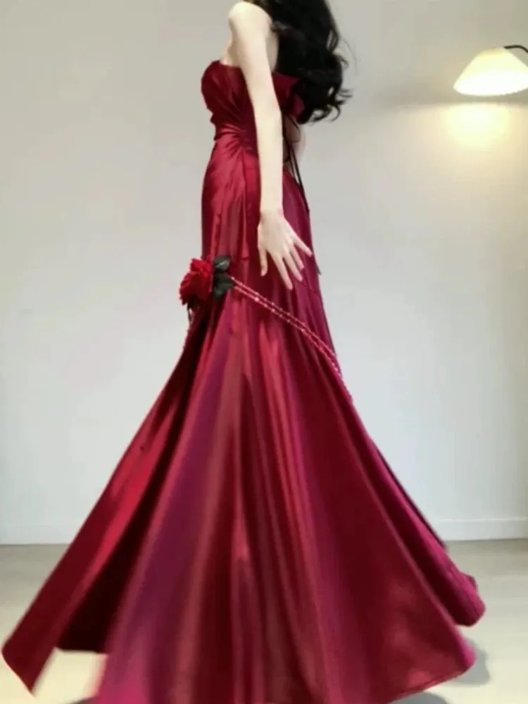 JazzHer Vintage Mermaid One Shoulder Burgundy Satin Long Floor Length Prom Dresses (PRE-ORDER)