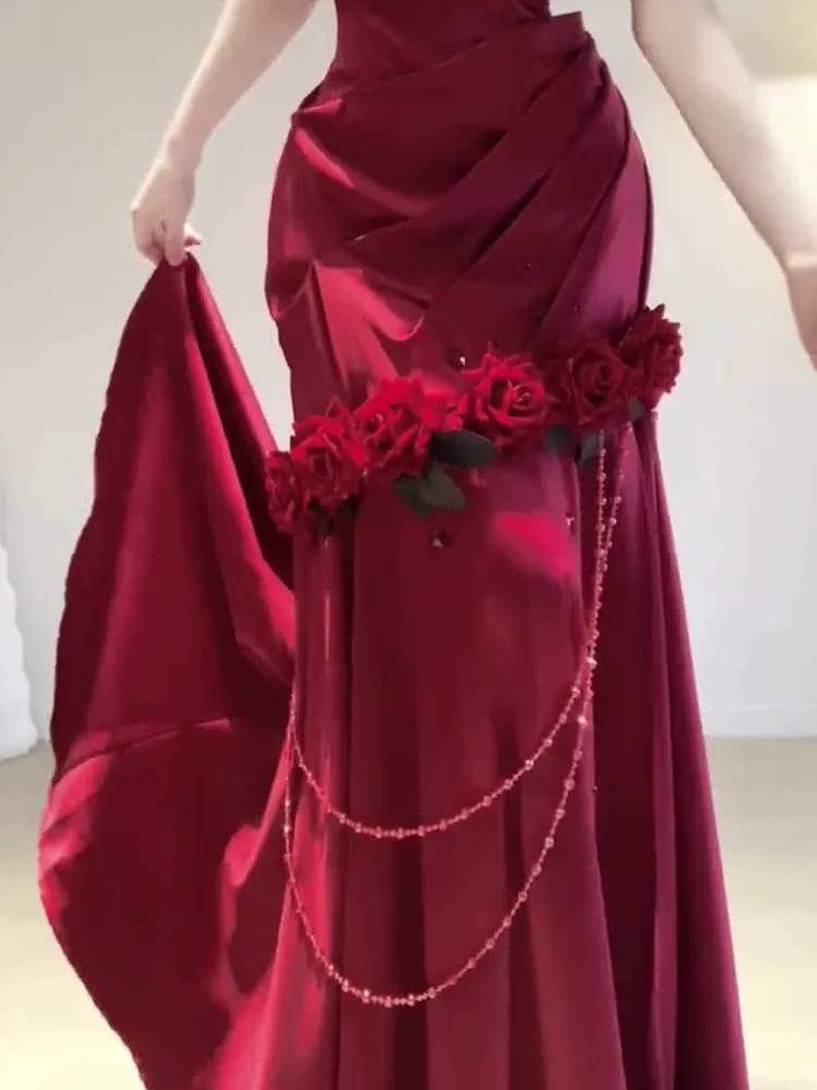 JazzHer Vintage Mermaid One Shoulder Burgundy Satin Long Floor Length Prom Dresses (PRE-ORDER)