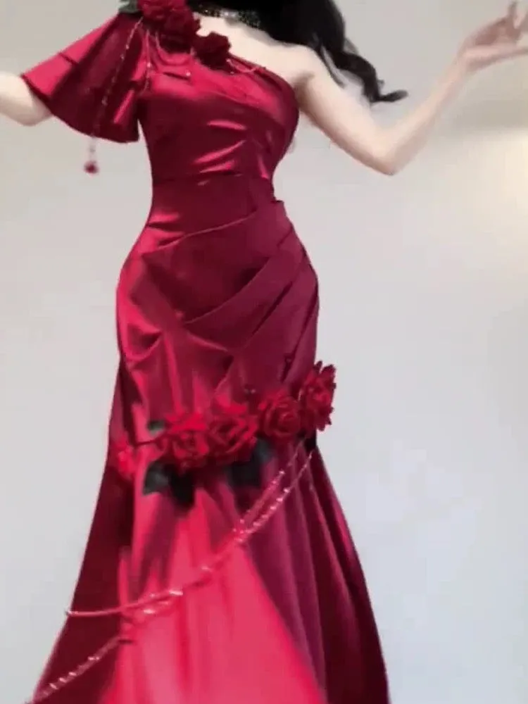JazzHer Vintage Mermaid One Shoulder Burgundy Satin Long Floor Length Prom Dresses (PRE-ORDER)