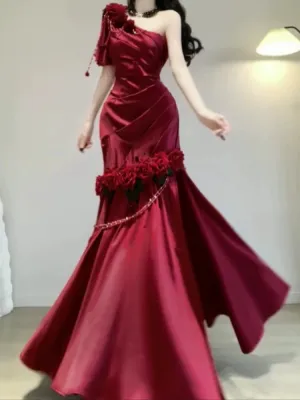 JazzHer Vintage Mermaid One Shoulder Burgundy Satin Long Floor Length Prom Dresses (PRE-ORDER)