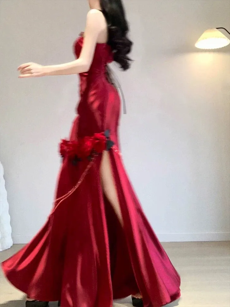 JazzHer Vintage Mermaid One Shoulder Burgundy Satin Long Floor Length Prom Dresses (PRE-ORDER)