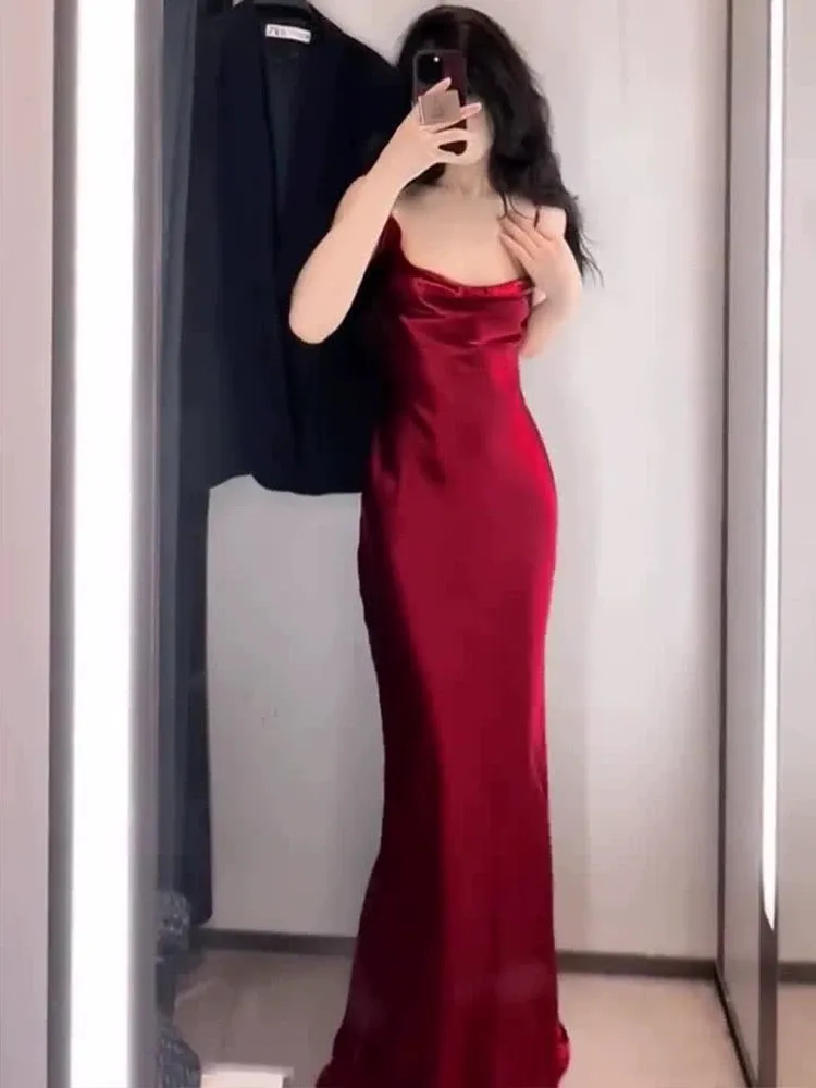 JazzHer Vintage Mermaid Spaghetti Straps Burgundy Satin Long Floor Length Prom Dresses (PRE-ORDER)