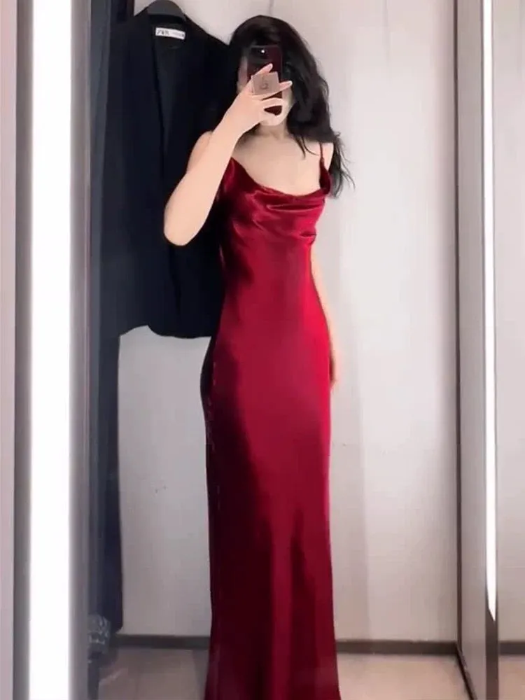 JazzHer Vintage Mermaid Spaghetti Straps Burgundy Satin Long Floor Length Prom Dresses (PRE-ORDER)