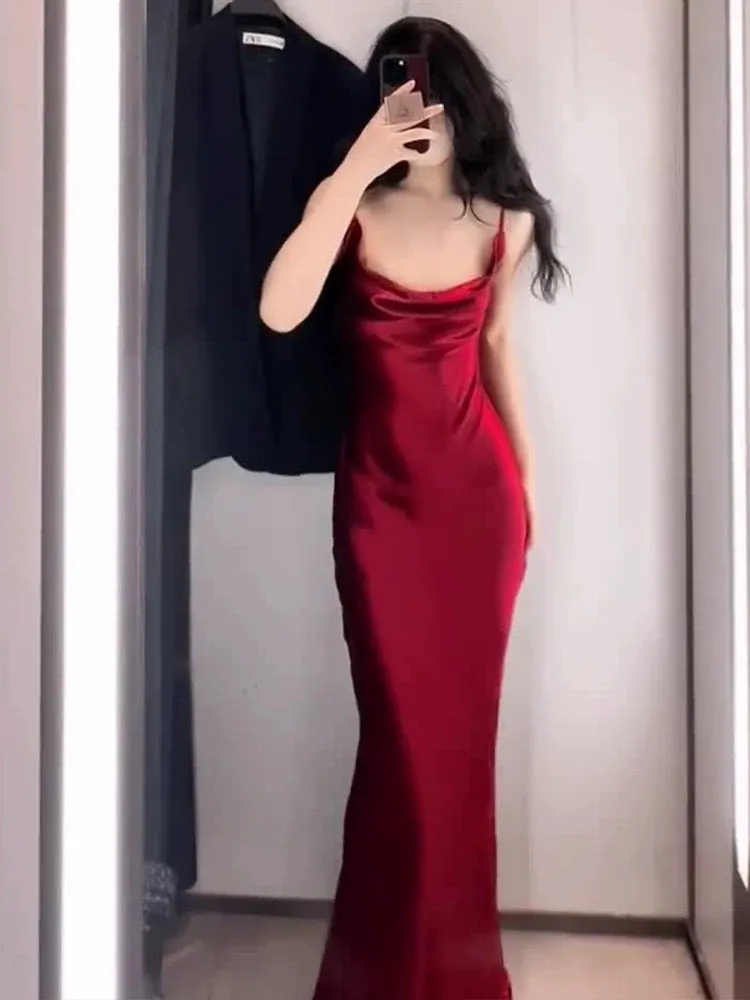 JazzHer Vintage Mermaid Spaghetti Straps Burgundy Satin Long Floor Length Prom Dresses (PRE-ORDER)