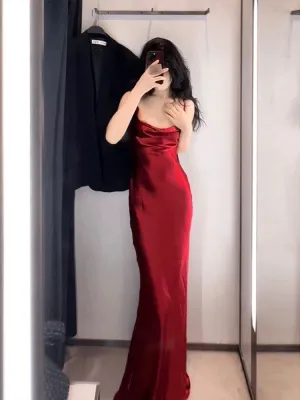 JazzHer Vintage Mermaid Spaghetti Straps Burgundy Satin Long Floor Length Prom Dresses (PRE-ORDER)