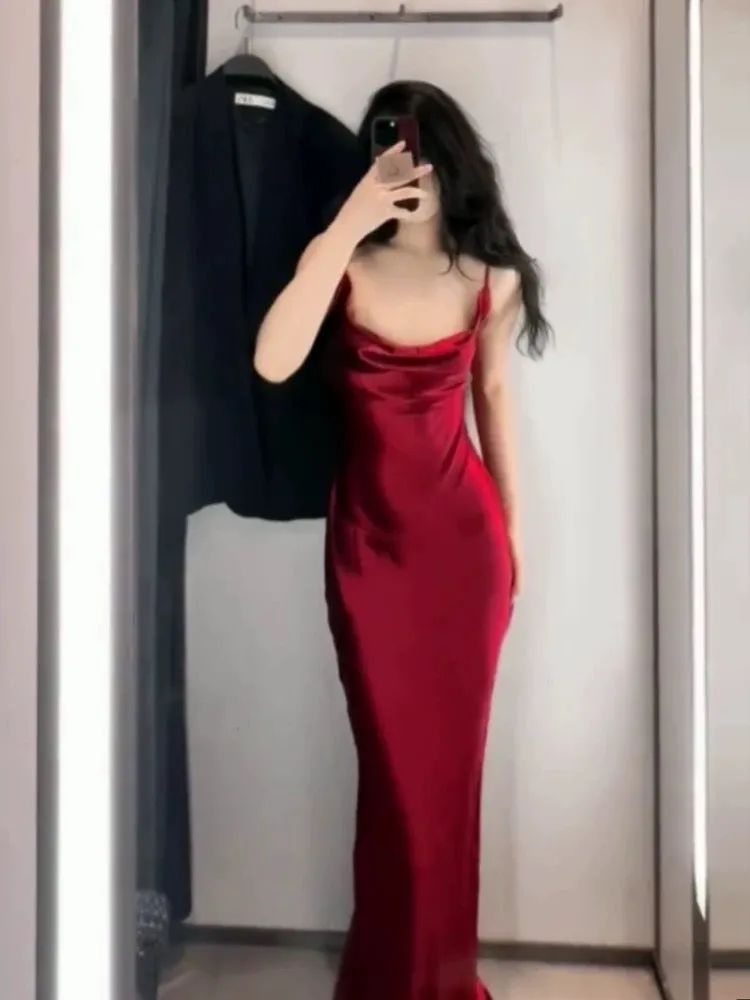 JazzHer Vintage Mermaid Spaghetti Straps Burgundy Satin Long Floor Length Prom Dresses (PRE-ORDER)
