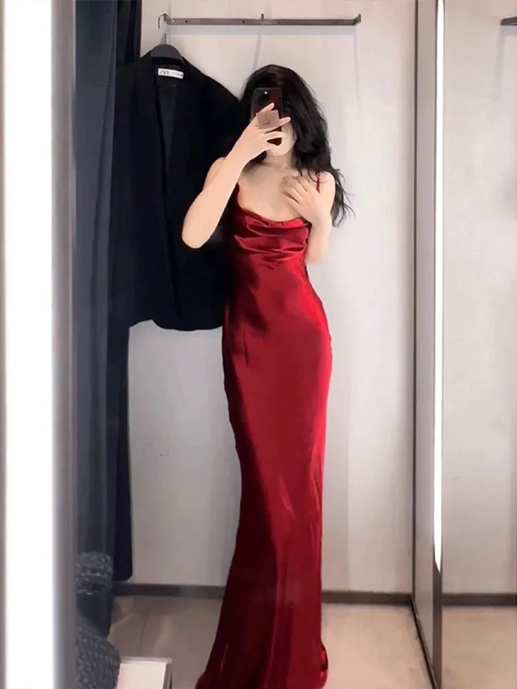 JazzHer Vintage Mermaid Spaghetti Straps Burgundy Satin Long Floor Length Prom Dresses (PRE-ORDER)