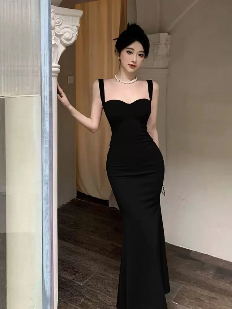 JazzHer Vintage Mermaid Straps Black Satin Long Birthday Dress Prom Dresses (PRE-ORDER)
