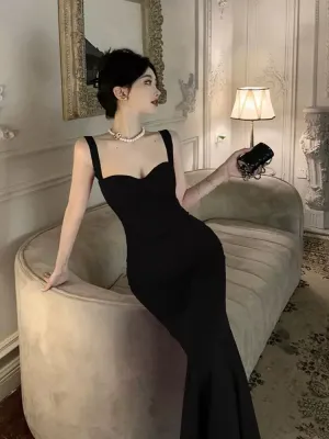 JazzHer Vintage Mermaid Straps Black Satin Long Birthday Dress Prom Dresses (PRE-ORDER)
