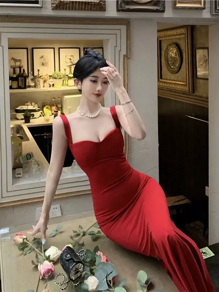 JazzHer Vintage Mermaid Straps Black Satin Long Birthday Dress Prom Dresses (PRE-ORDER)