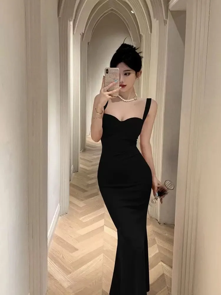JazzHer Vintage Mermaid Straps Black Satin Long Birthday Dress Prom Dresses (PRE-ORDER)
