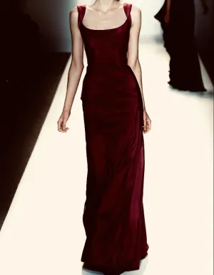JazzHer Vintage Sheath Square Neckline Burgundy Long Length Prom Dresses Birthday Outfits (PRE-ORDER)
