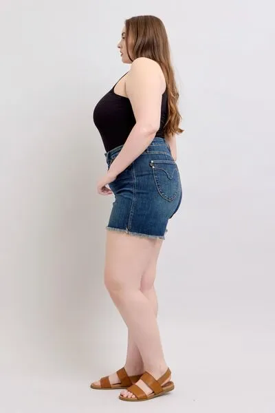 Judy Blue Tummy Control Fray Hem & Shield Back Pockets Denim Shorts ONLINE EXCLUSIVE