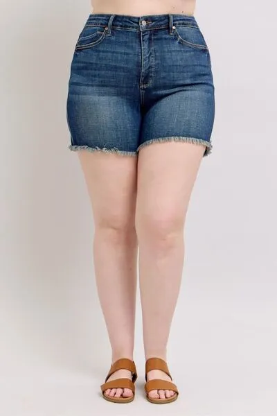 Judy Blue Tummy Control Fray Hem & Shield Back Pockets Denim Shorts ONLINE EXCLUSIVE