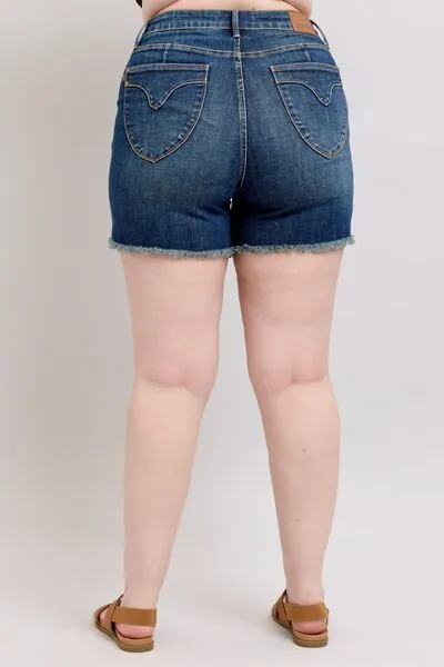 Judy Blue Tummy Control Fray Hem & Shield Back Pockets Denim Shorts ONLINE EXCLUSIVE