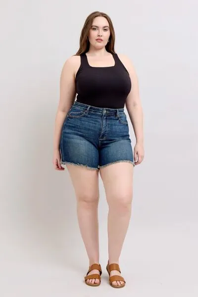 Judy Blue Tummy Control Fray Hem & Shield Back Pockets Denim Shorts ONLINE EXCLUSIVE