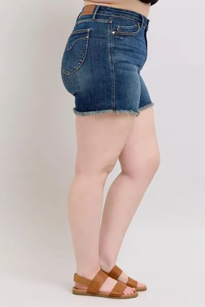 Judy Blue Tummy Control Fray Hem & Shield Back Pockets Denim Shorts ONLINE EXCLUSIVE