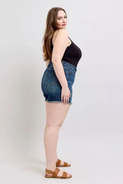 Judy Blue Tummy Control Fray Hem & Shield Back Pockets Denim Shorts ONLINE EXCLUSIVE