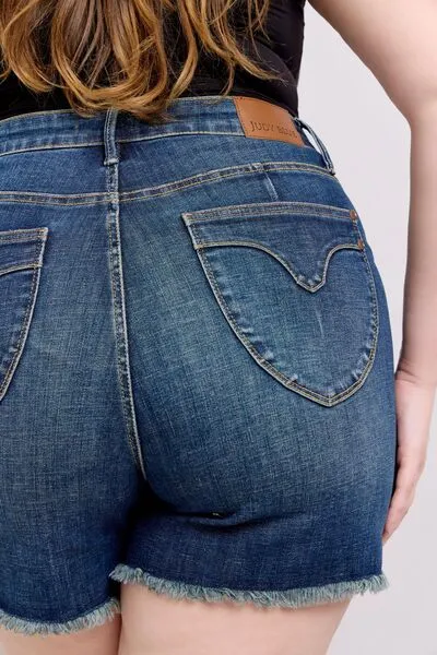 Judy Blue Tummy Control Fray Hem & Shield Back Pockets Denim Shorts ONLINE EXCLUSIVE