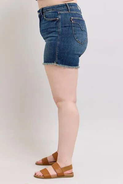 Judy Blue Tummy Control Fray Hem & Shield Back Pockets Denim Shorts ONLINE EXCLUSIVE