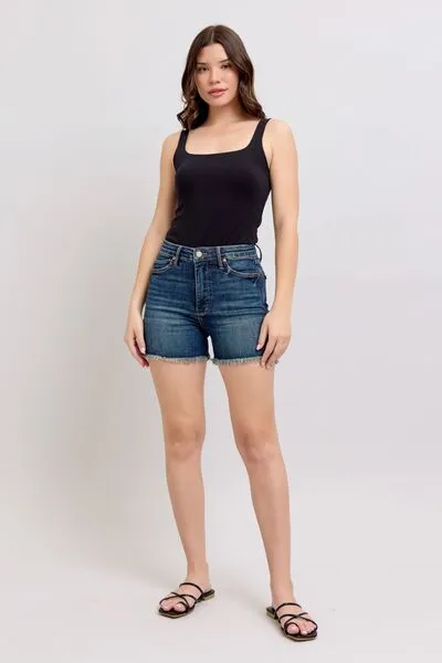 Judy Blue Tummy Control Fray Hem & Shield Back Pockets Denim Shorts ONLINE EXCLUSIVE