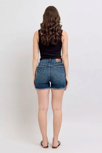 Judy Blue Tummy Control Fray Hem & Shield Back Pockets Denim Shorts ONLINE EXCLUSIVE
