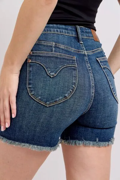 Judy Blue Tummy Control Fray Hem & Shield Back Pockets Denim Shorts ONLINE EXCLUSIVE