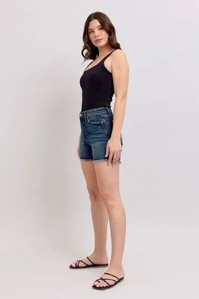 Judy Blue Tummy Control Fray Hem & Shield Back Pockets Denim Shorts ONLINE EXCLUSIVE