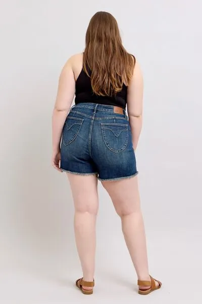 Judy Blue Tummy Control Fray Hem & Shield Back Pockets Denim Shorts ONLINE EXCLUSIVE