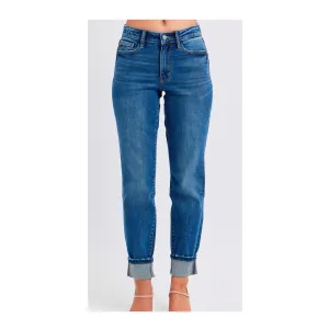 Judy Blue Women's Mid-Rise Vintage Wash Cuffed Boyfriend Jeans
