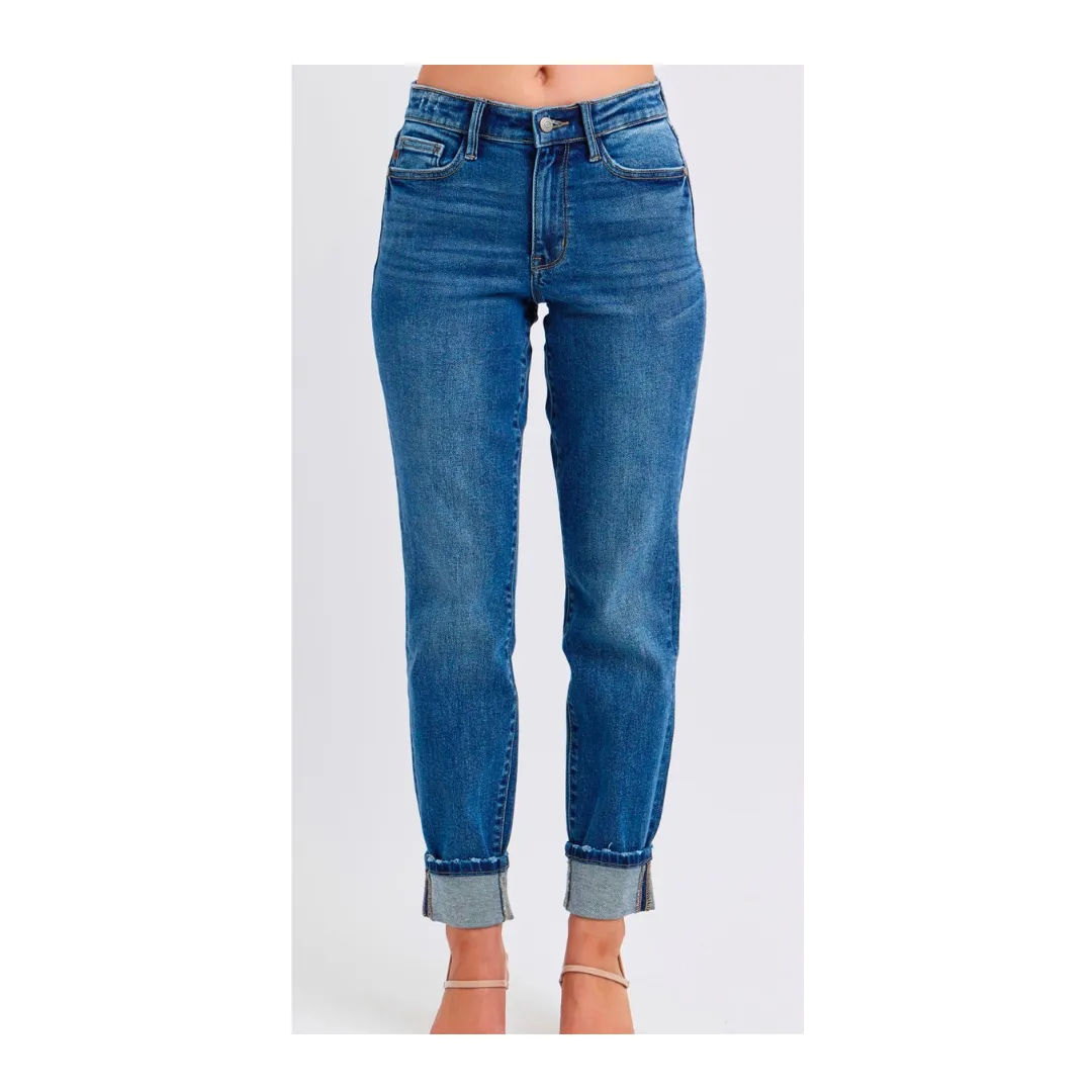 Judy Blue Women's Mid-Rise Vintage Wash Cuffed Boyfriend Jeans