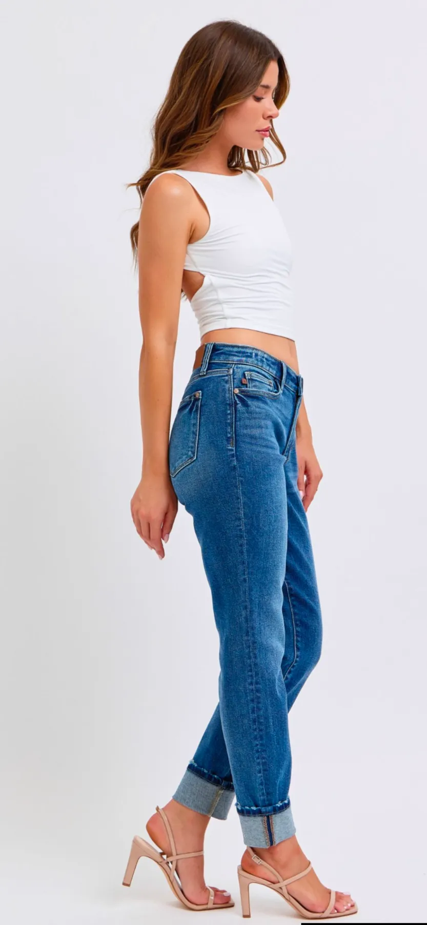 Judy Blue Women's Mid-Rise Vintage Wash Cuffed Boyfriend Jeans