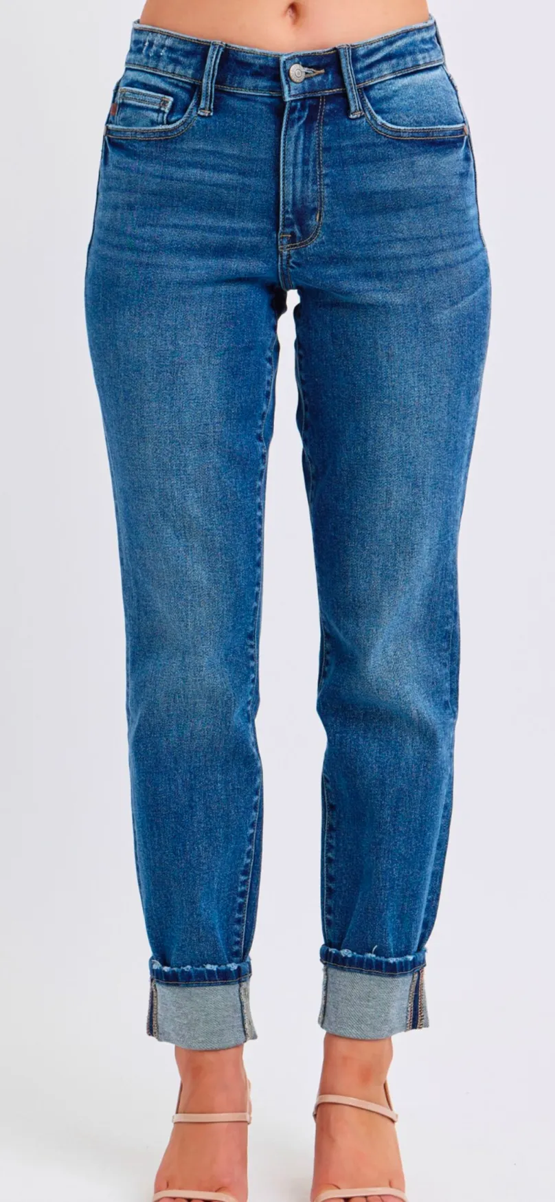 Judy Blue Women's Mid-Rise Vintage Wash Cuffed Boyfriend Jeans
