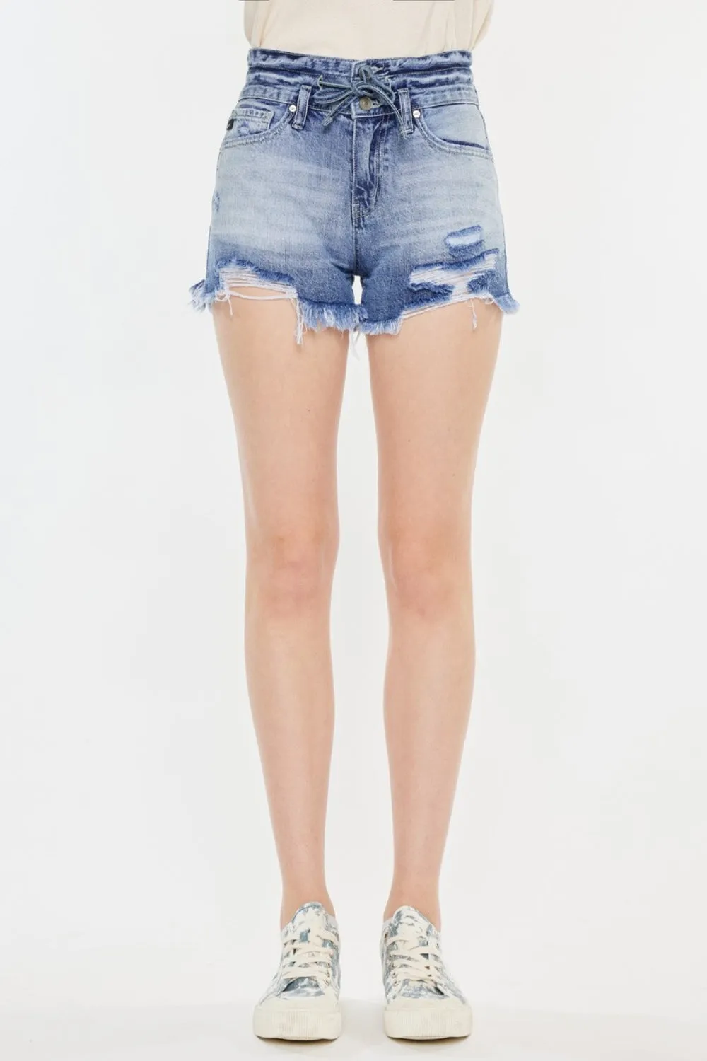 Kan Can High Rise Frayed Hem Denim Shorts