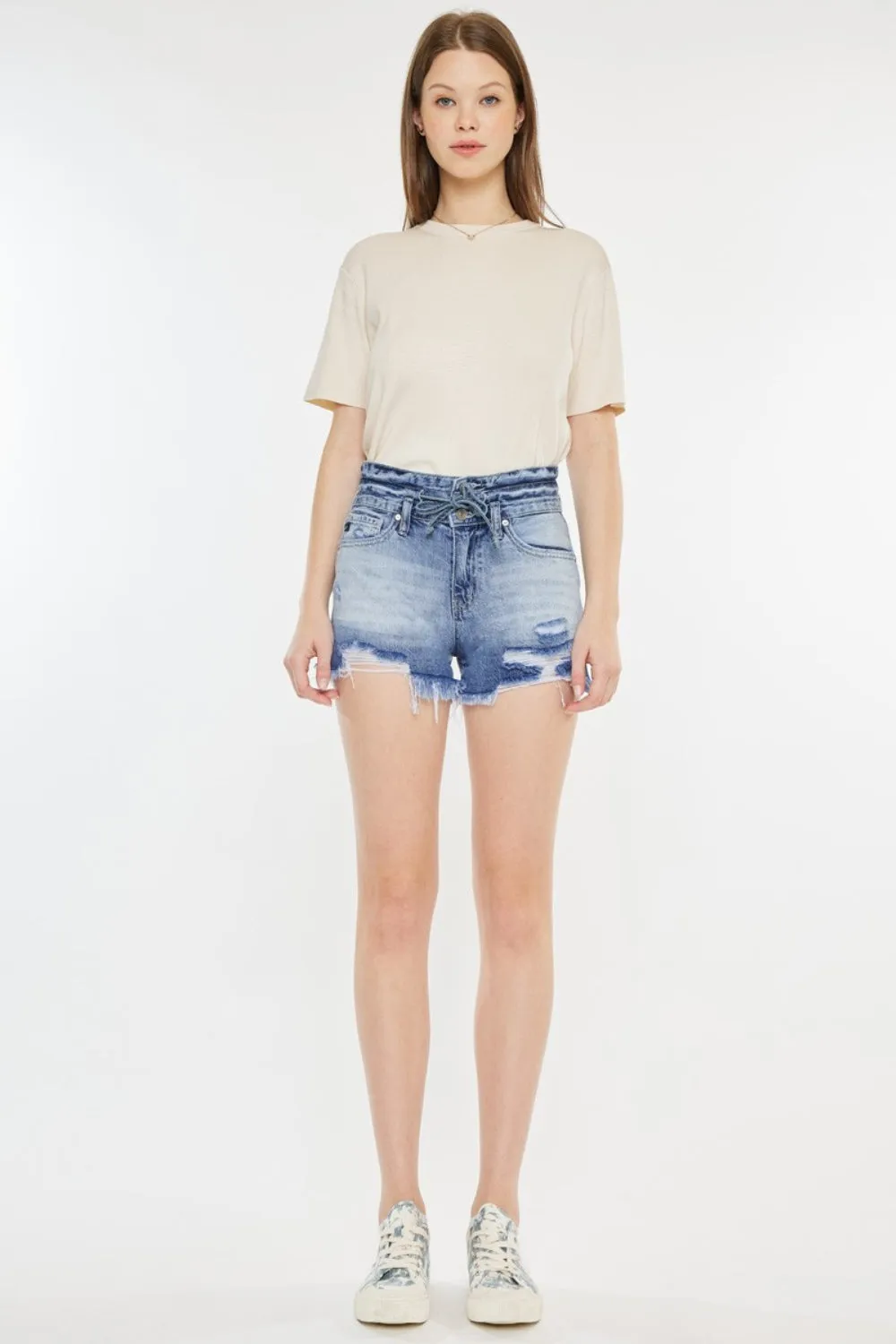 Kan Can High Rise Frayed Hem Denim Shorts
