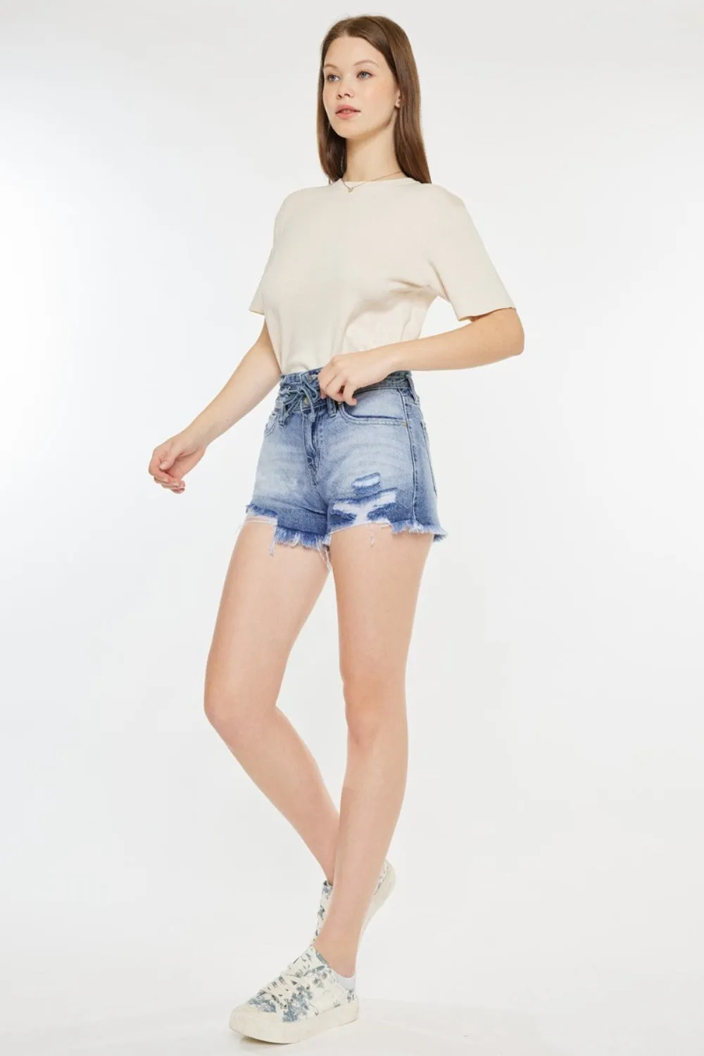 Kan Can High Rise Frayed Hem Denim Shorts