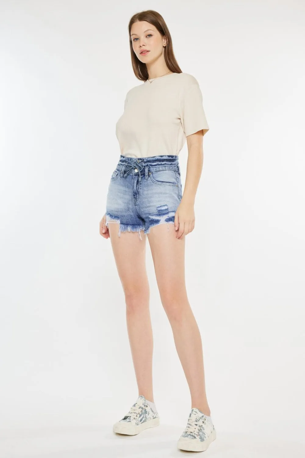 Kan Can High Rise Frayed Hem Denim Shorts