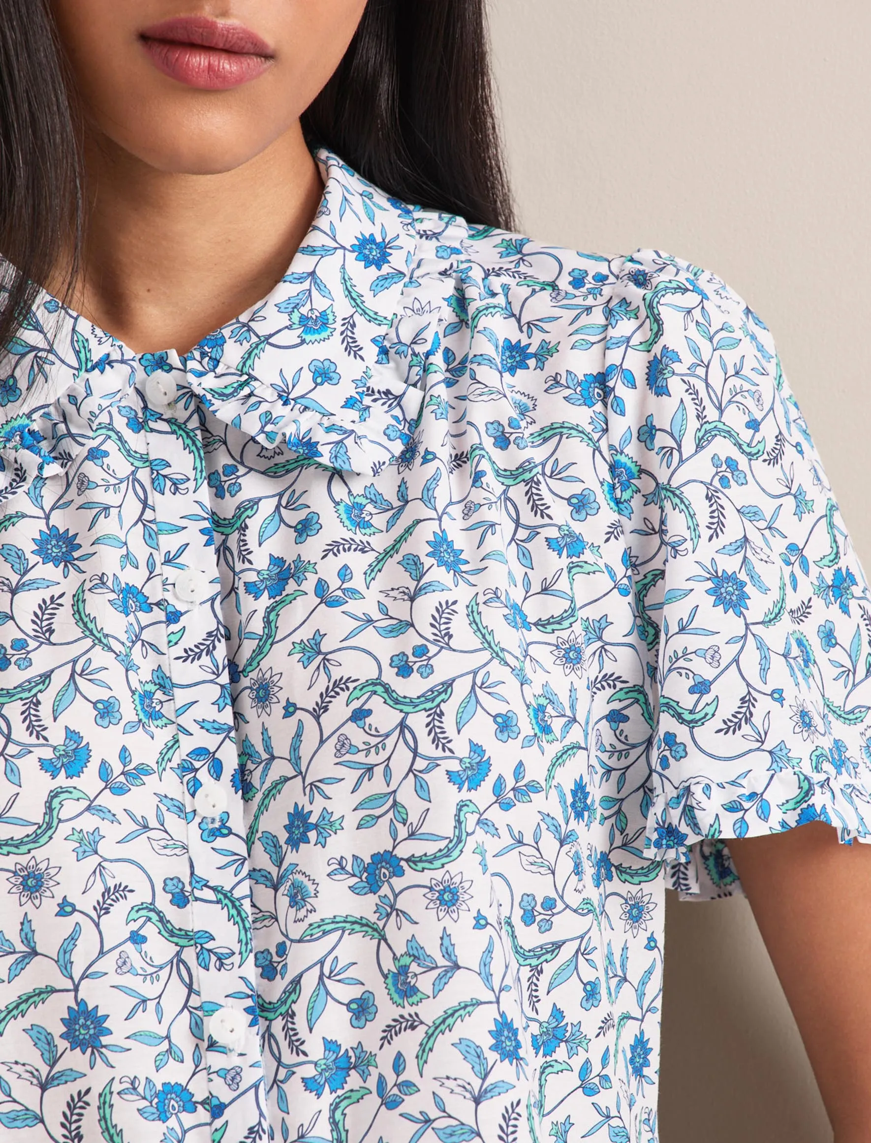 Kitty Silk Blend Blouse - Blue Trailing Feather Print