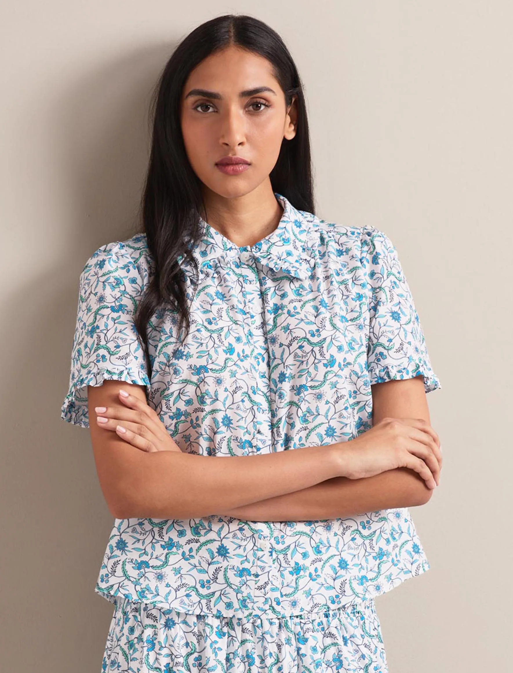 Kitty Silk Blend Blouse - Blue Trailing Feather Print