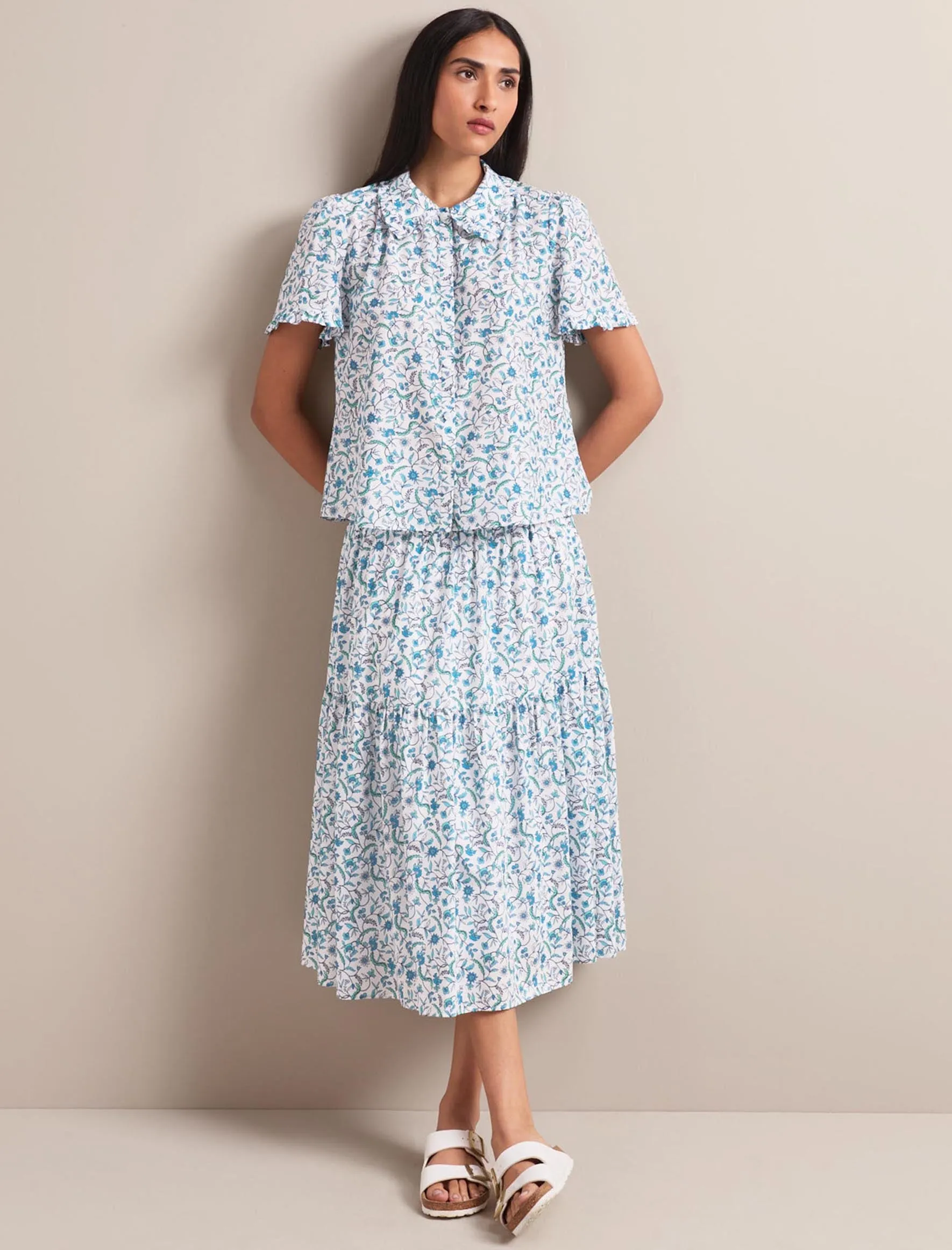 Kitty Silk Blend Blouse - Blue Trailing Feather Print