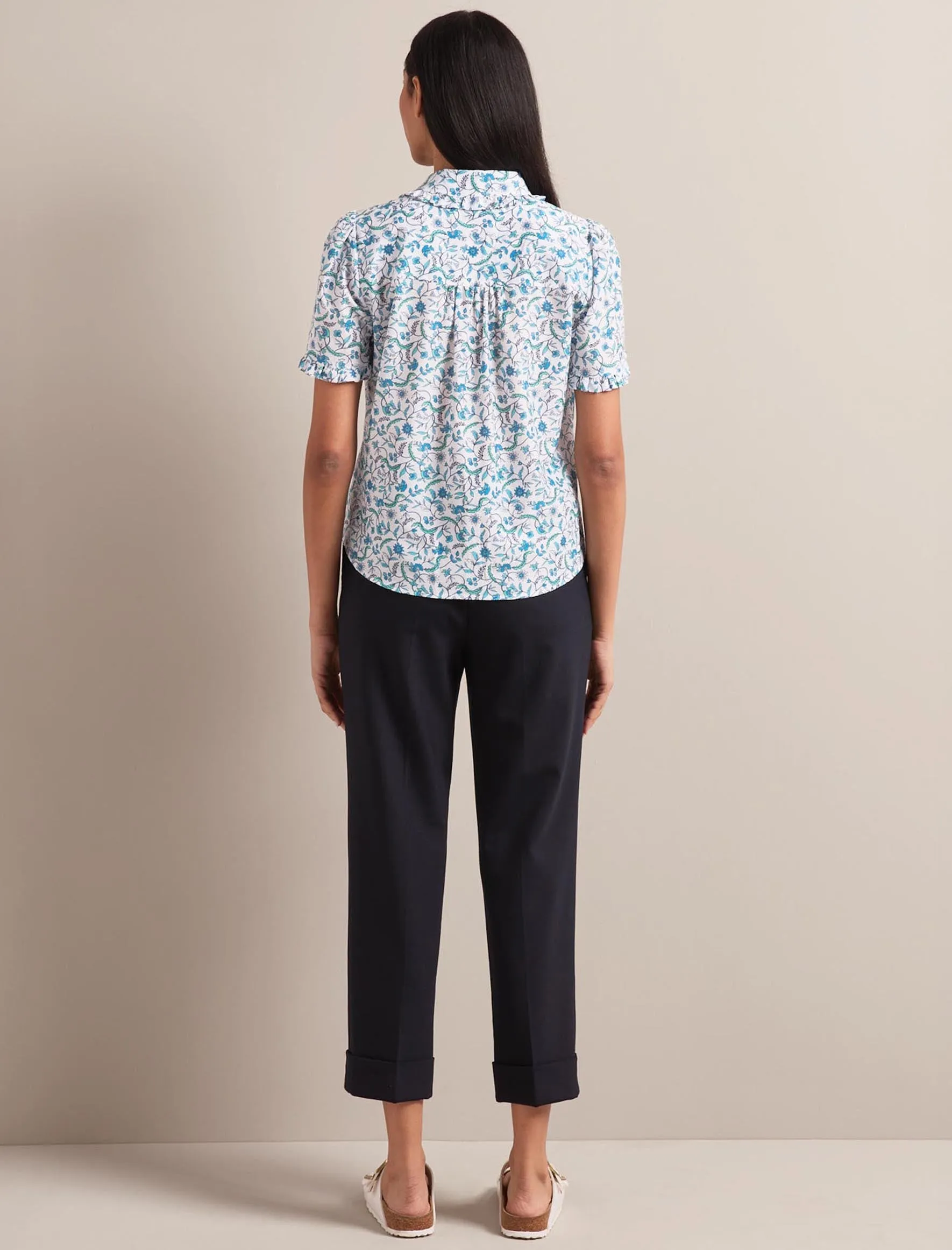 Kitty Silk Blend Blouse - Blue Trailing Feather Print