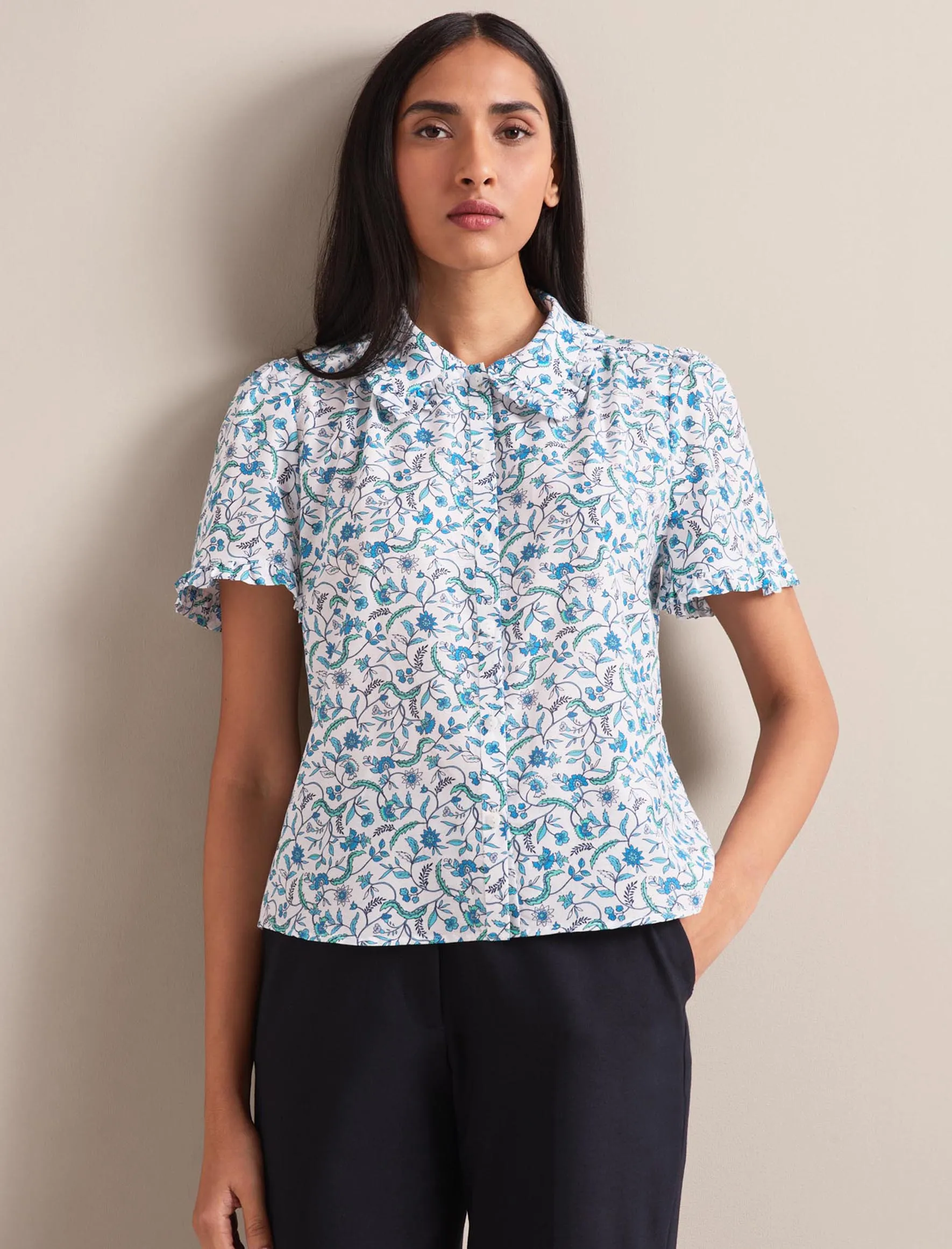 Kitty Silk Blend Blouse - Blue Trailing Feather Print