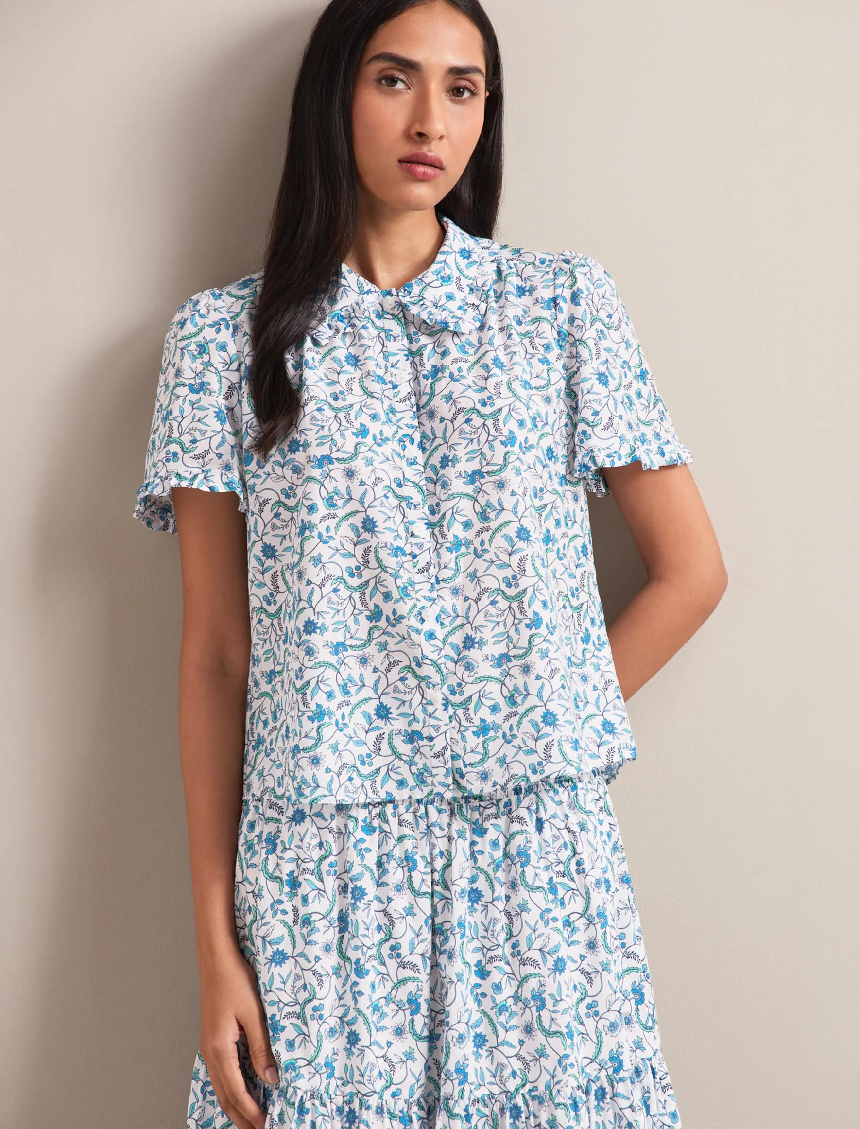 Kitty Silk Blend Blouse - Blue Trailing Feather Print
