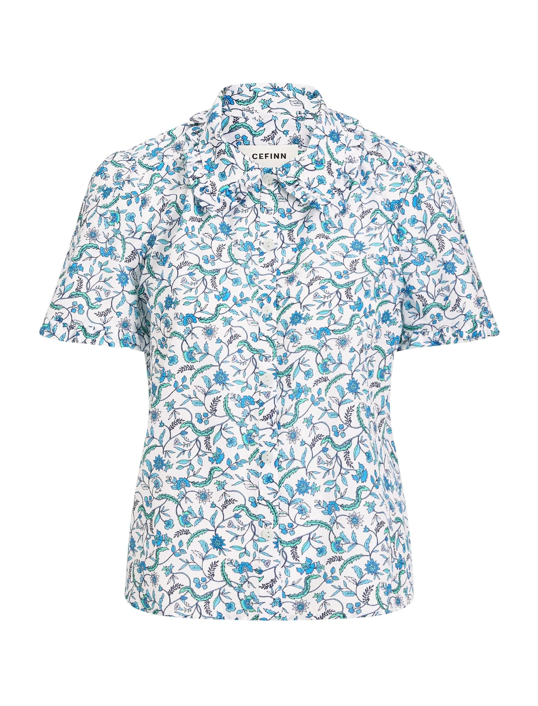 Kitty Silk Blend Blouse - Blue Trailing Feather Print