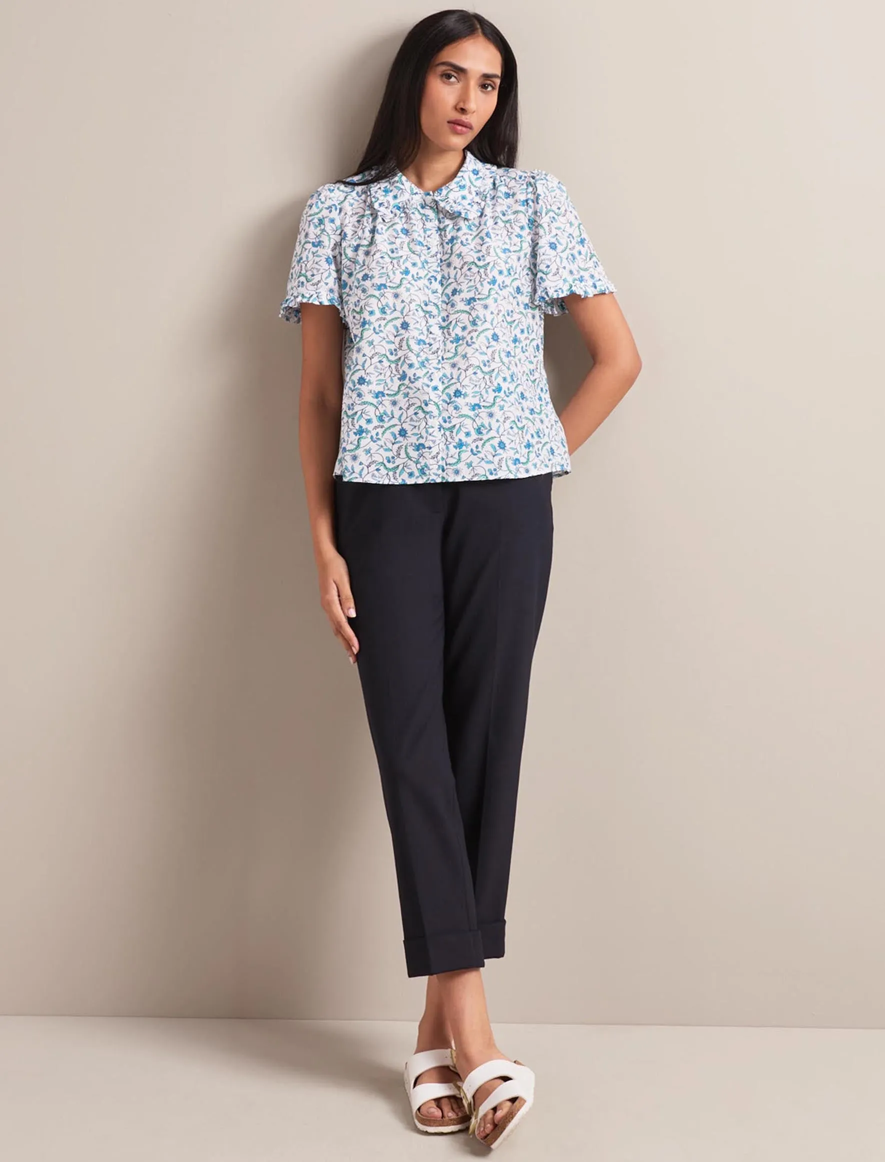 Kitty Silk Blend Blouse - Blue Trailing Feather Print