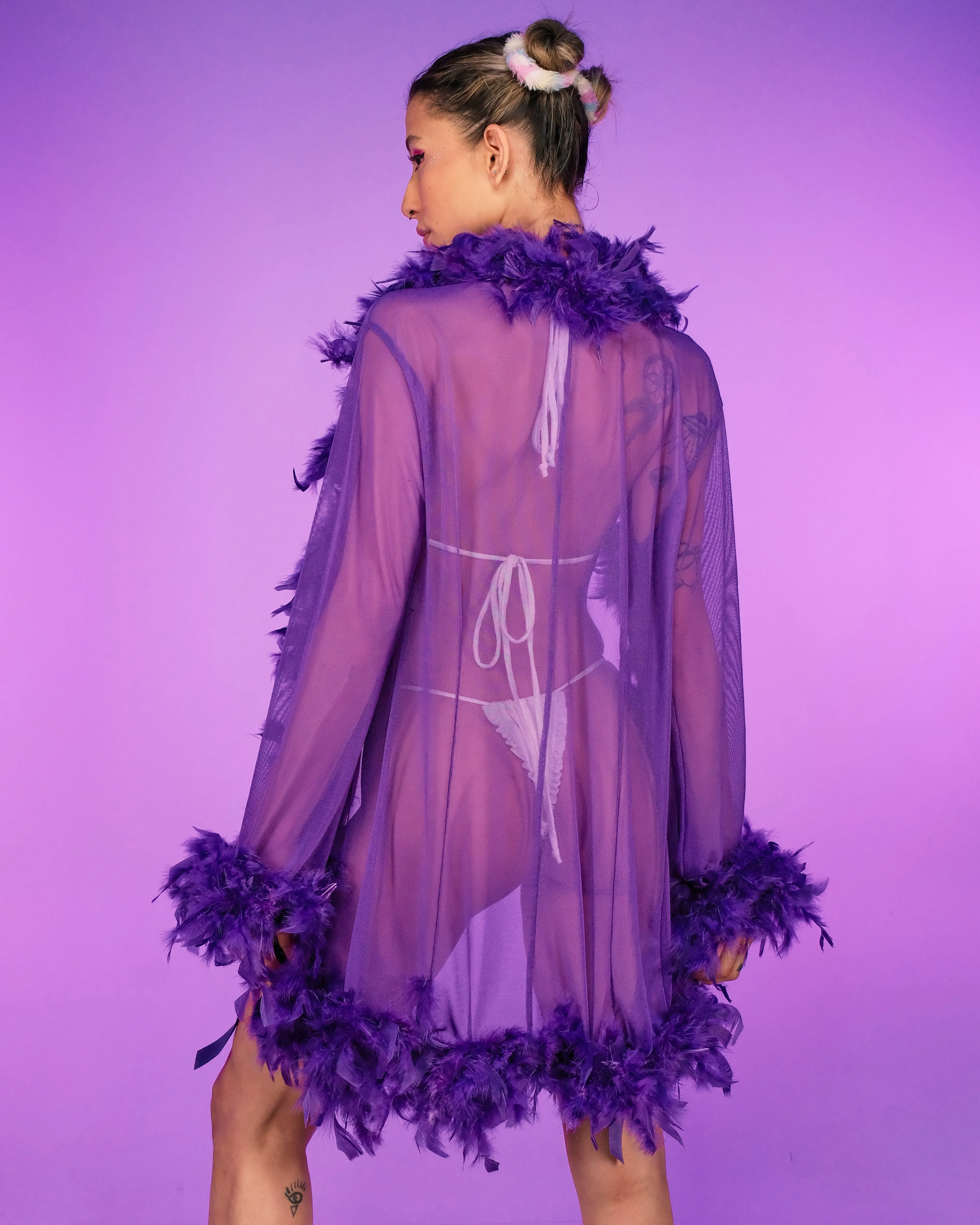 Lady Love Sheer Short Robe With Boa Feather Trim