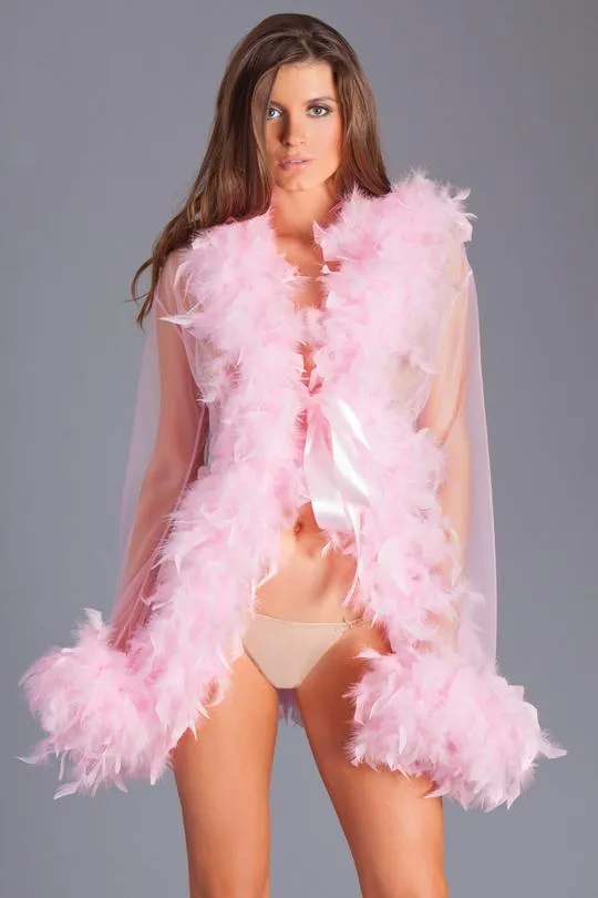 Lady Love Sheer Short Robe With Boa Feather Trim